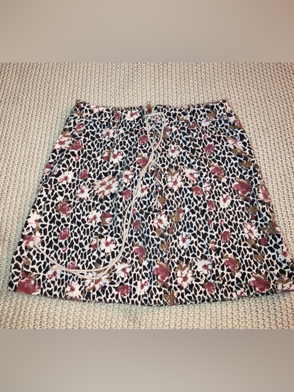 Umgee Black & Pink Floral Leopard Drawstring Mini Skirt
